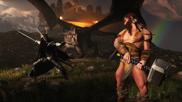 Картинка 3д+графика фантазия+ fantasy викинг демон дракон оружие горы