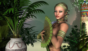 Картинка 3д+графика люди+ people девушка взгляд фон река горы веер растение