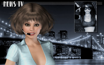 Картинка 3д+графика люди+ people девушка взгляд фон микрофон город мост