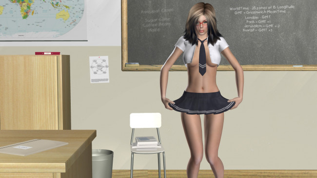 Обои картинки фото 3д графика, люди , people, девушка, взгляд, фон, ученица, класс, столы, стулья