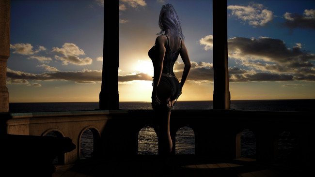 Обои картинки фото 3д графика, люди , people, закат, фон, взгляд, девушка