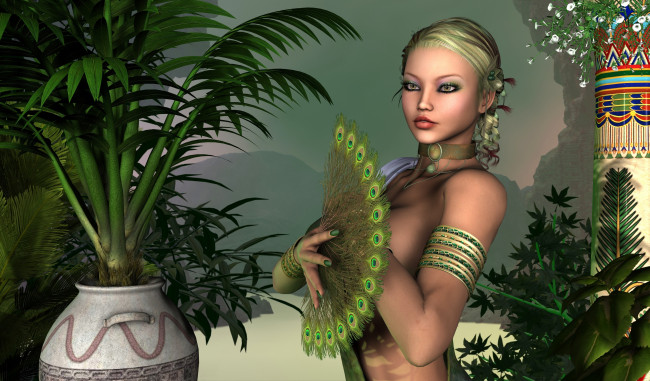 Обои картинки фото 3д графика, люди , people, девушка, взгляд, фон, река, горы, веер, растение