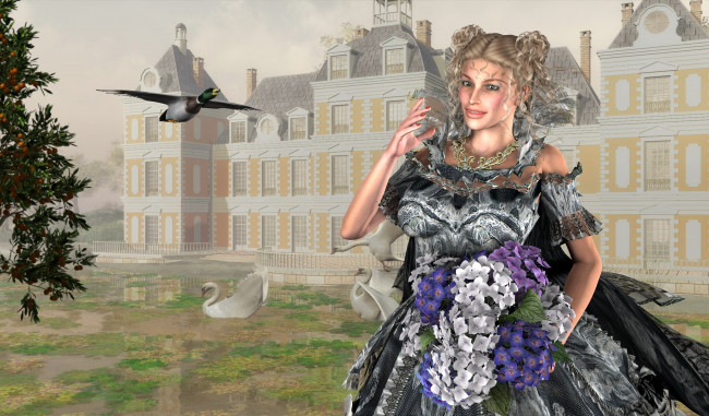 Обои картинки фото 3д графика, люди , people, утки, улыбка, лебеди, бассейн, замок, цветы, фон, взгляд, девушка