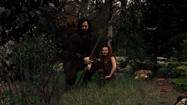 Обои картинки фото 3д графика, фантазия , fantasy, девушка, лес, мужчина, фон, взгляд