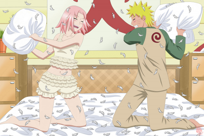 Обои картинки фото аниме, naruto, перья, кровать, веселье, сакура, подушки, наруто