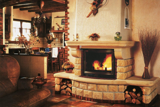Обои картинки фото интерьер, камины, кресло, дрова, камин