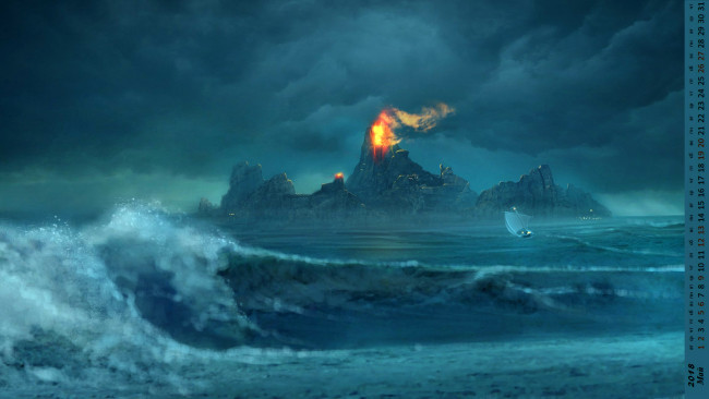 Обои картинки фото календари, фэнтези, пламя, водоем