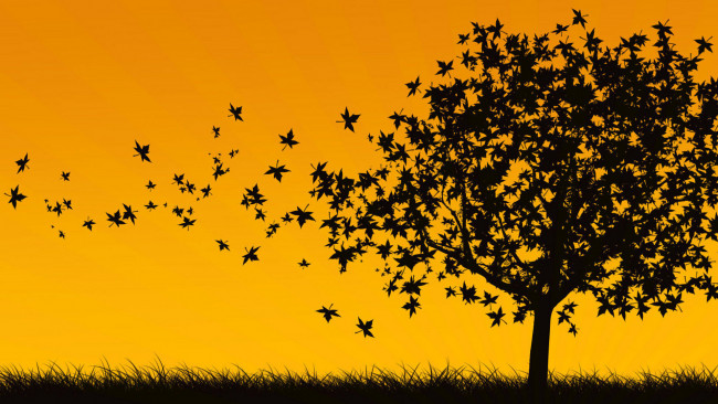 Обои картинки фото векторная графика, природа , nature, дерево, осень, листья, силуэт, трава, ветер