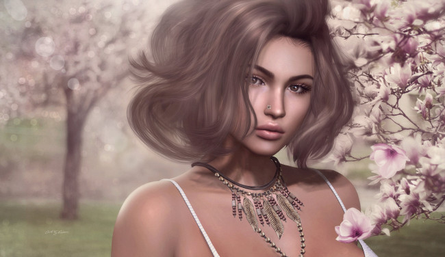 Обои картинки фото 3д графика, портрет , portraits, девушка, лицо, сакура, милашка