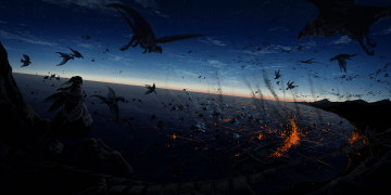 Картинка аниме животные +существа атака человек ночь гарпии огонь