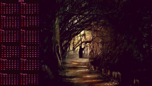 Обои картинки фото календари, фэнтези, дорога, капюшон, дерево, смерть