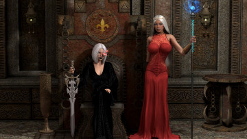 Картинка 3д+графика фантазия+ fantasy девушки фон взгляд платье меч