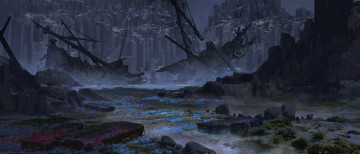 Картинка фэнтези корабли скалы корабль обломки цветы гробы