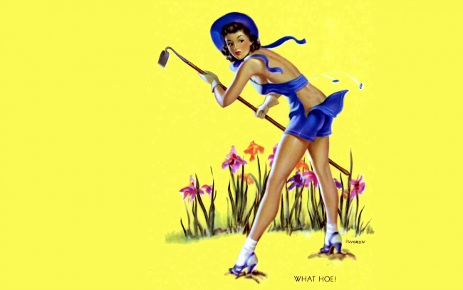 Обои картинки фото рисованное, gil elvgren, девушка, шляпа, шорты, тяпка, цветы