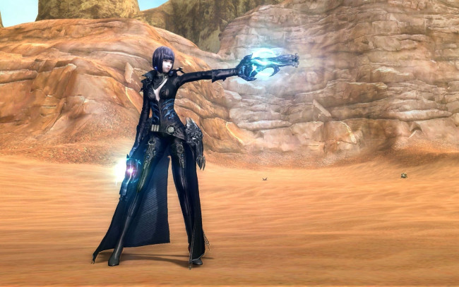 Обои картинки фото видео игры, aion, девушка, оружие, скалы