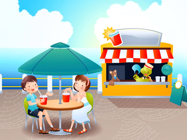 Обои картинки фото рисованное, дети, кафе, столик