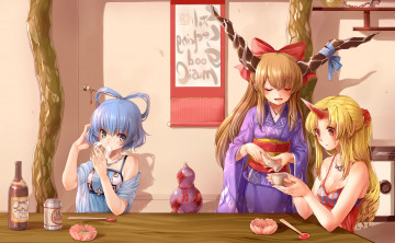 Картинка аниме touhou hoshiguma yuugi ibuki suika kaku seiga rojiko девушки стол рога бутылка пиво саке кимоно