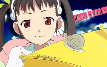 Картинка bakemonogatari аниме hachikuji+mayoi девушка форма портфель бант лента улитка зонт небо облака