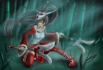 Картинка видео+игры league+of+legends девушка арт league of legends akali маска бамбук оружие лес
