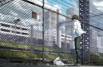 Картинка аниме *unknown+ другое ветер облака небо город забор парень букет