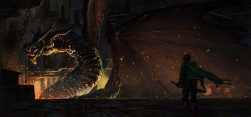 Картинка аниме -animals+&+creatures плащ магия цепи огонь оружие меч парень дракон emuson арт