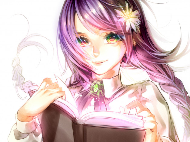 Обои картинки фото аниме, *unknown , другое, улыбка, книга, девушка, tayuya1130, арт, цветок