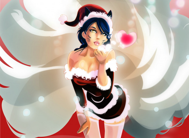 Обои картинки фото видео игры, league of legends, новый, год, league, of, legends, ahri, костюм, поцелуй, сердечко, арт
