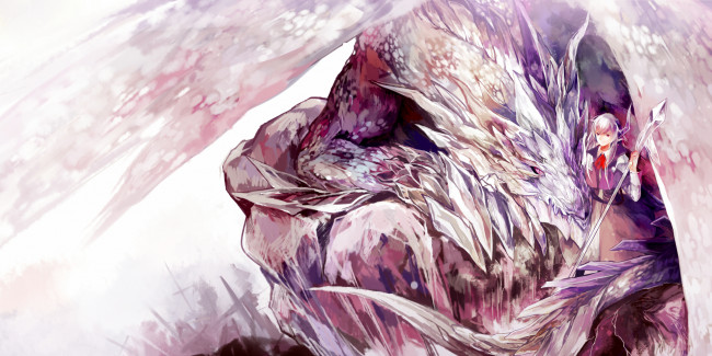 Обои картинки фото аниме, -animals, посох, рога, парень, azalea, дракон, арт