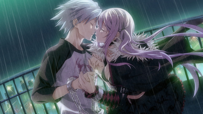 Обои картинки фото disorder 6, аниме, *unknown , другое, disorder, 6, девушка, парень, двое, пара, поцелуй, ночь, дождь, наручники, дома, огни, город