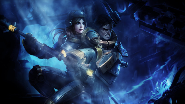 Обои картинки фото видео игры, league of legends, league, of, legends, арт, lol, парень, девушка, броня, оружие, шлем