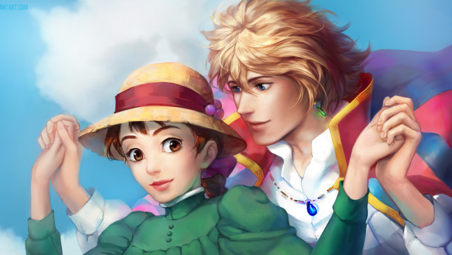 Обои картинки фото аниме, howl`s moving castle, девушка, парень, ходячий, замок, хаула, sophie, howl