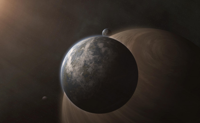 Обои картинки фото космос, арт, звезды, спутник, планеты