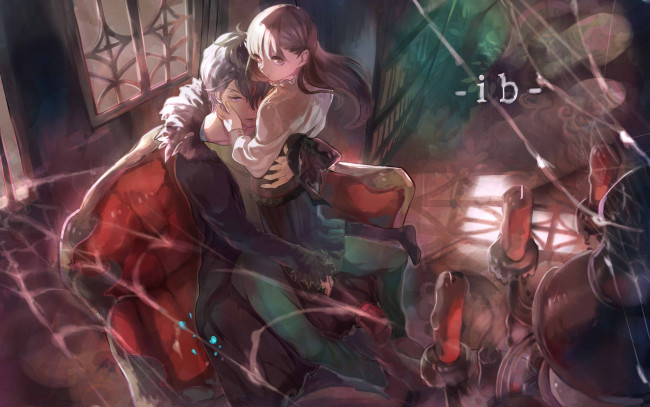 Обои картинки фото аниме, ib, девушка, eve, garry, свечи, паутина, парень