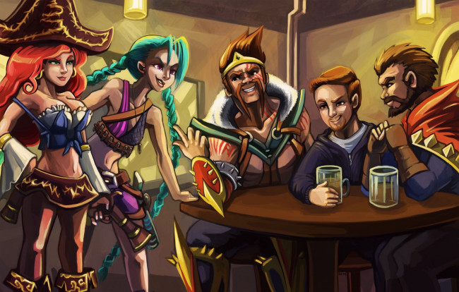 Обои картинки фото видео игры, league of legends, арт, стаканы, league, of, legends, lol, мужчины, jinx, miss, fortune