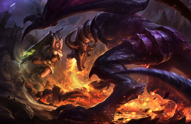 Обои картинки фото видео игры, league of legends, огонь, меч, монстр, битва, девушка, riven, league, of, legends, арт