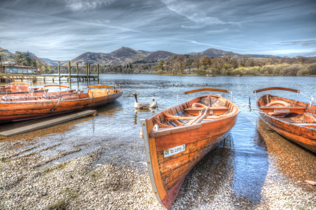 Обои картинки фото корабли, лодки,  шлюпки, река, горы