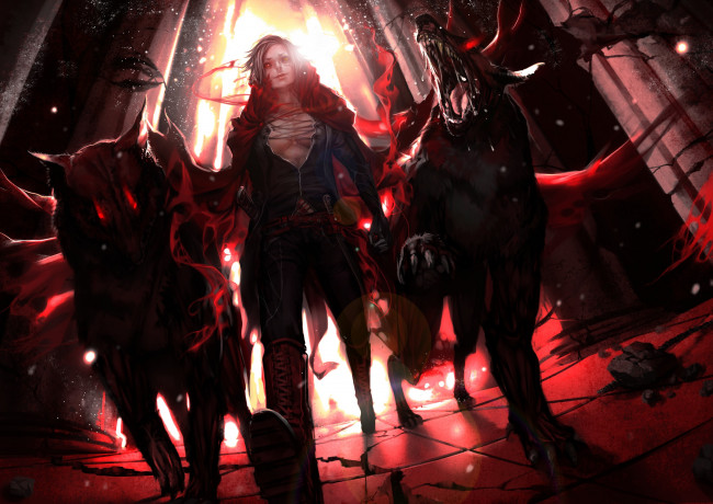 Обои картинки фото аниме, -angels & demons, собаки, парень, красные, глаза, пасть, genki-de, арт, демон