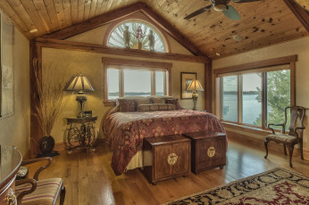 Картинка интерьер спальня кресло лампы дерево дизайн окна комоды кровать