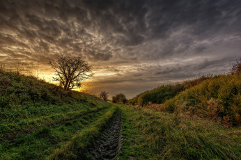 Картинка природа дороги холм колея свет тучи