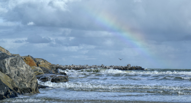 Обои картинки фото природа, радуга, море, небо, облака