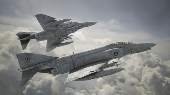 Обои картинки фото авиация, 3д, рисованые, v-graphic, самолеты, облака, полет