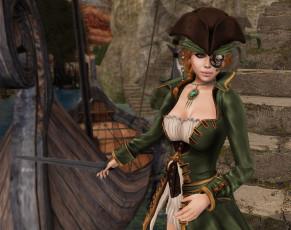 Картинка 3д+графика фантазия+ fantasy взгляд девушка пират оружие рыжая фон