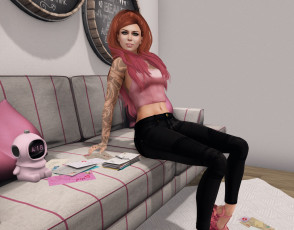 Картинка 3д+графика люди+ people интерьер рыжая фон взгляд девушка