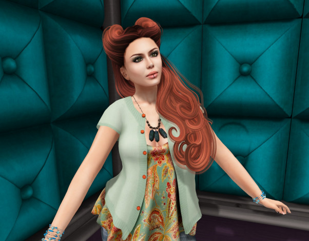 Обои картинки фото 3д графика, люди , people, интерьер, рыжая, фон, взгляд, девушка