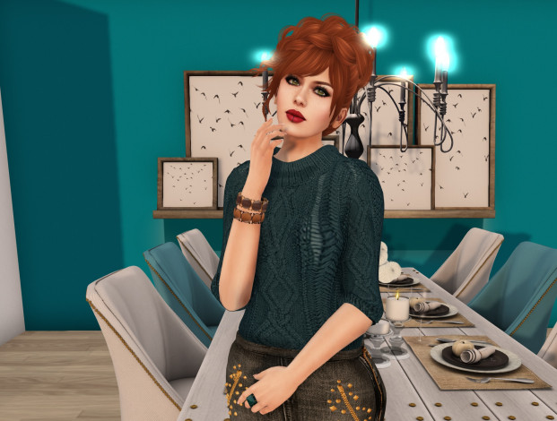 Обои картинки фото 3д графика, люди , people, фон, интерьер, рыжая, взгляд, девушка