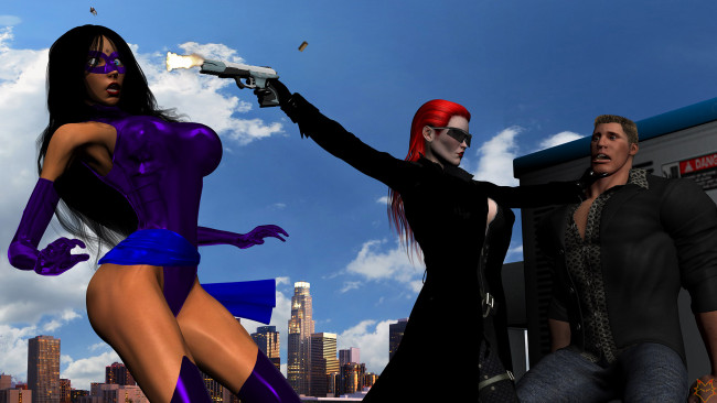 Обои картинки фото 3д графика, фантазия , fantasy, девушки, оружие, фон, взгляд