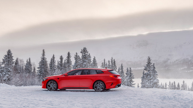 Обои картинки фото kia sportspace concept 2015, автомобили, kia, трасса, красная, 2015, concept, sportspace, лес, зима