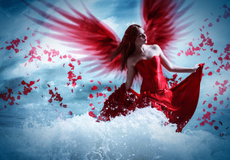 Картинка фэнтези фотоарт фон волна девушка крылья платье