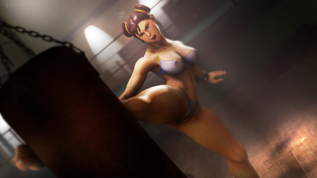 Обои картинки фото 3д графика, люди , people, девушка, фон, удар, груша