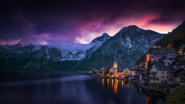 Обои картинки фото города, - панорамы, горы, хальштатт, hallstatt, австрия, вечер, озеро, облака, небо